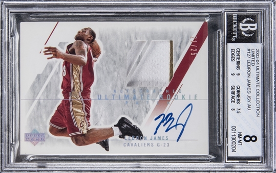 2003-04 UD "Ultimate Collection" #127 LeBron James Signed Patch Rookie Card (#21/25) – BGS NM-MT 8/BGS 10
